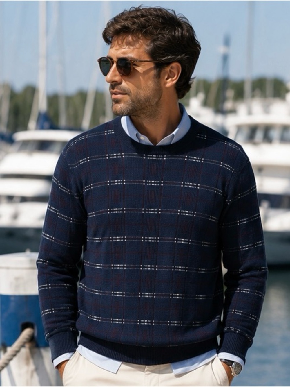 Perry Ellis Men’s Sweater Wool Blend Size XL Navy Multi Plaid Crew Neck Logo